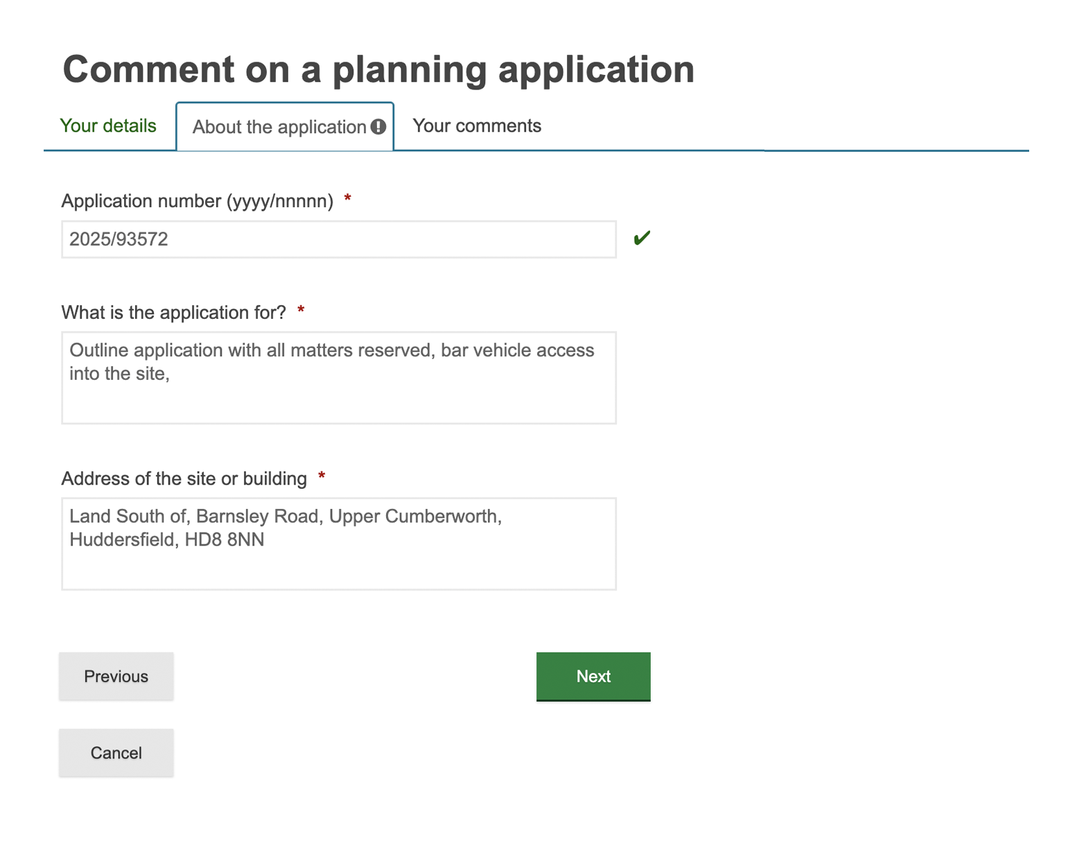 Screenshot showing prefilled form when commenting on planning application on Kirklees Council website